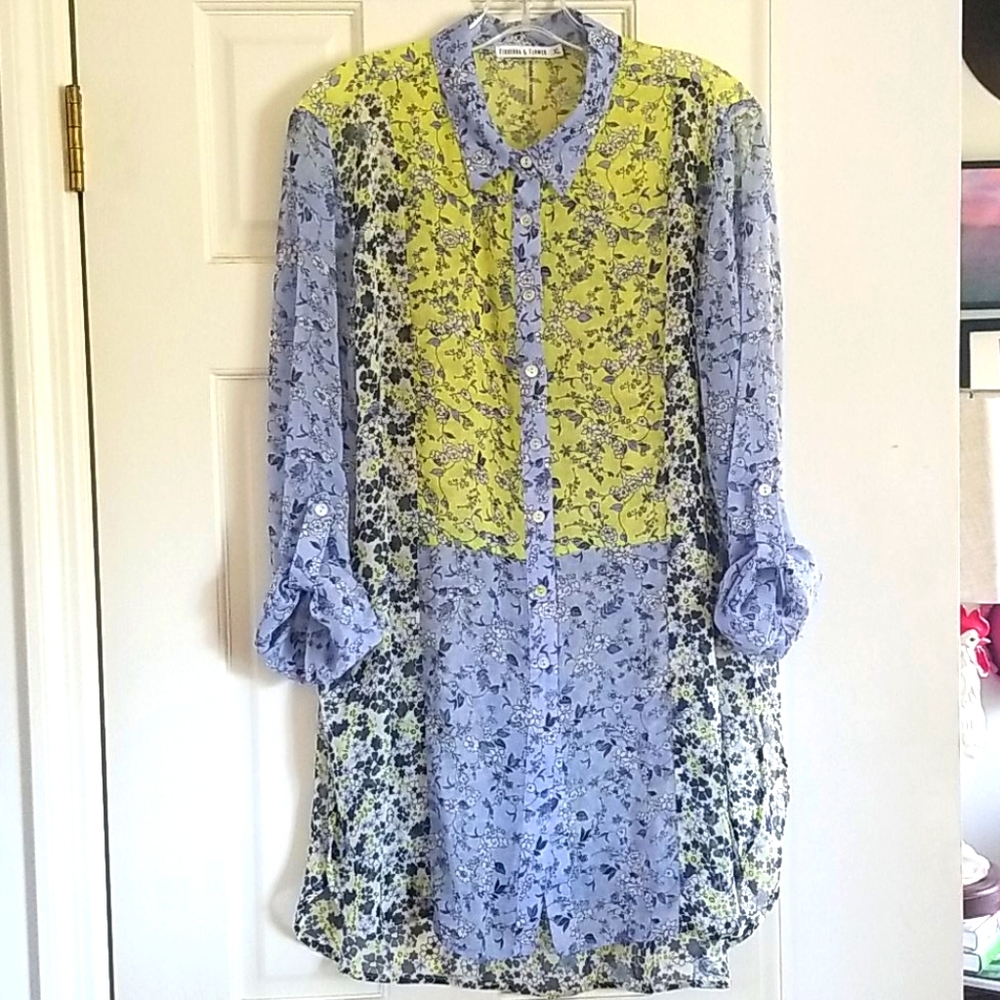Mixed Media Button-Up Long Tunic Blouse
